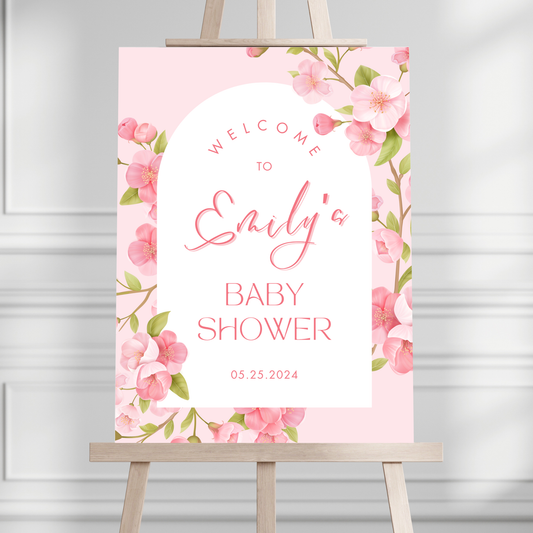 Pink Cherry Blossoms Arched Baby Shower Welcome Sign