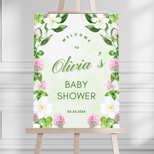 Green and Pink Floral Baby Shower Welcome Sign