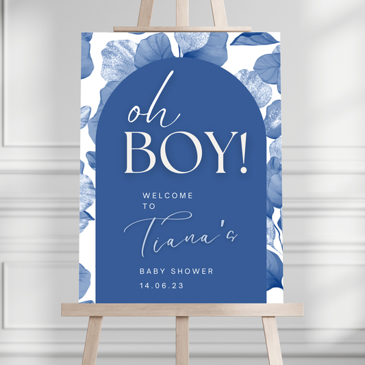 "Oh Boy!" Blue Floral Baby Shower Welcome Sign