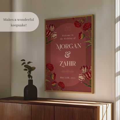 Red Floral Indian Wedding Welcome Sign for Mehndi, Sangeet, Haldi etc.