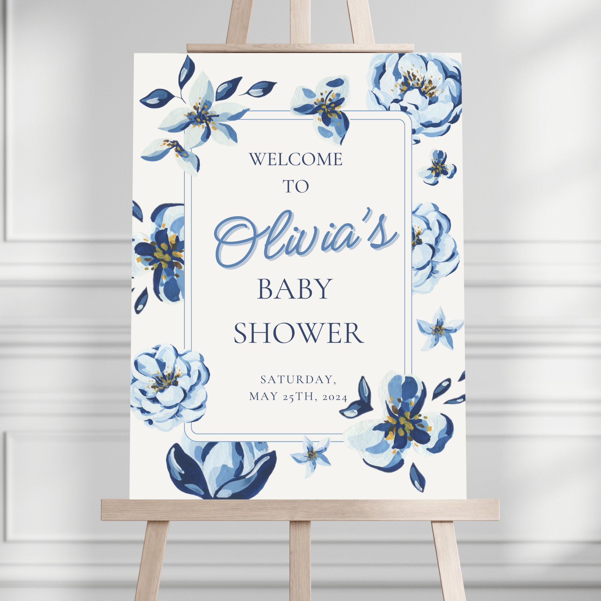 Navy Blue Florals Baby Shower Welcome Sign - Magnolia Dane Co.