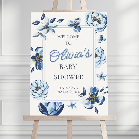Navy Blue Florals Baby Shower Welcome Sign