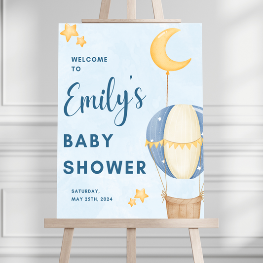 Blue Hot Air Balloon Baby Shower Welcome Sign