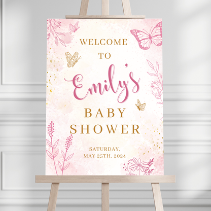 Whimsical Pink Butterfly Baby Shower Welcome Sign