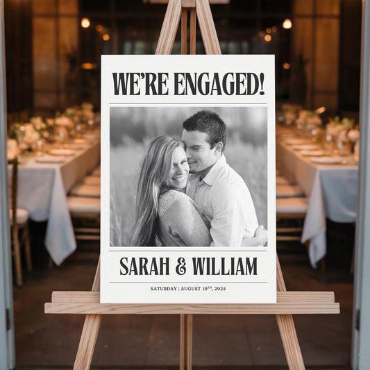 "We're Engaged!" News Headline Engagement Party Welcome Sign