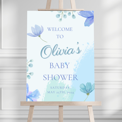 Simple Blue Floral Baby Shower Welcome Sign - Magnolia Dane Co.