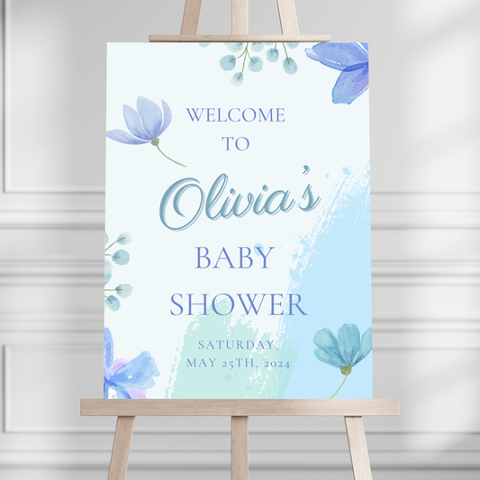Simple Blue Floral Baby Shower Welcome Sign