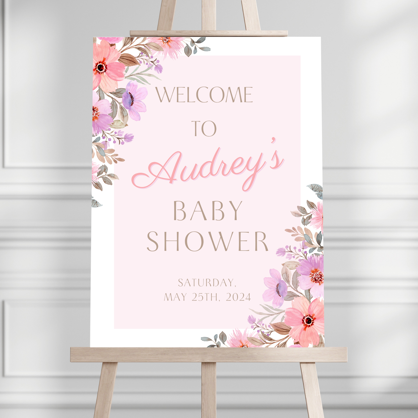 Pink Floral Baby Shower Welcome Sign