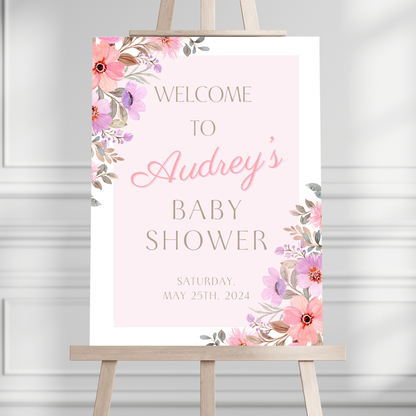 Pink Floral Baby Shower Welcome Sign