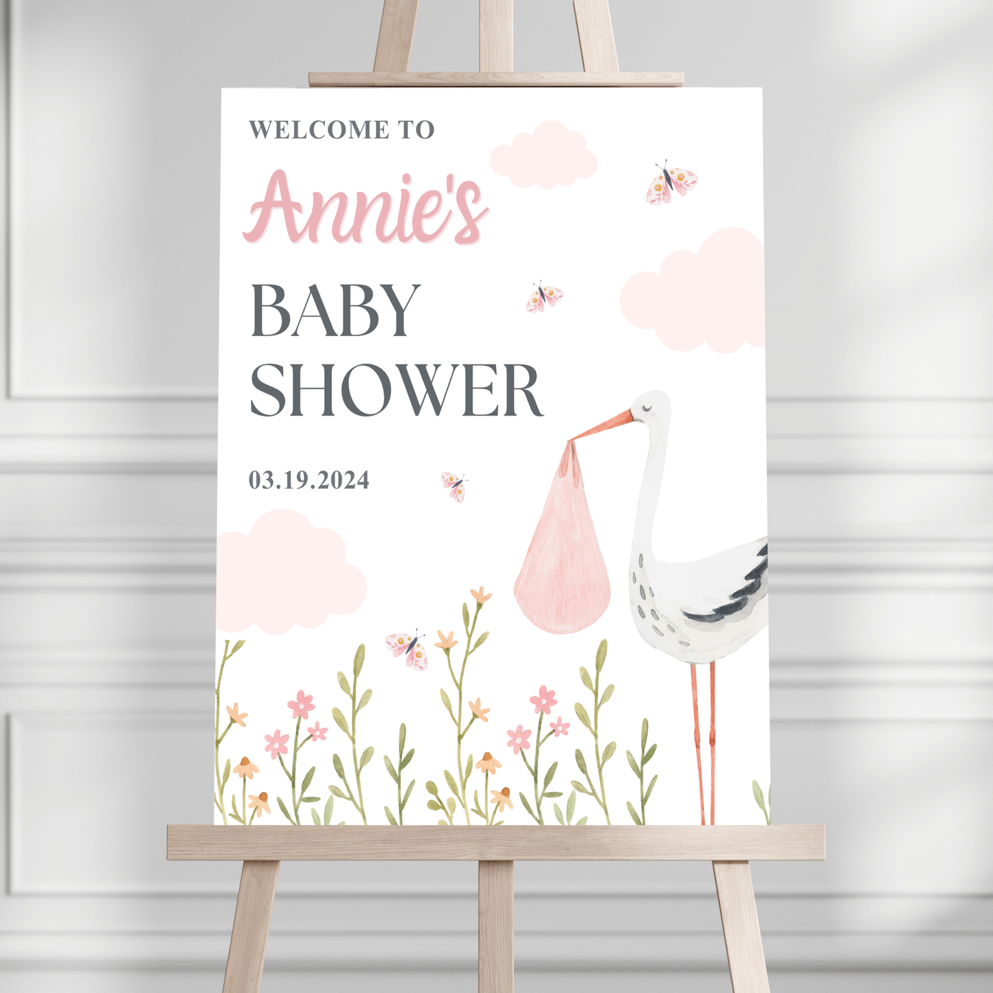 Pink Stork Baby Shower Welcome Sign