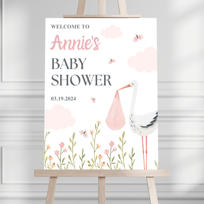 Pink Stork Baby Shower Welcome Sign