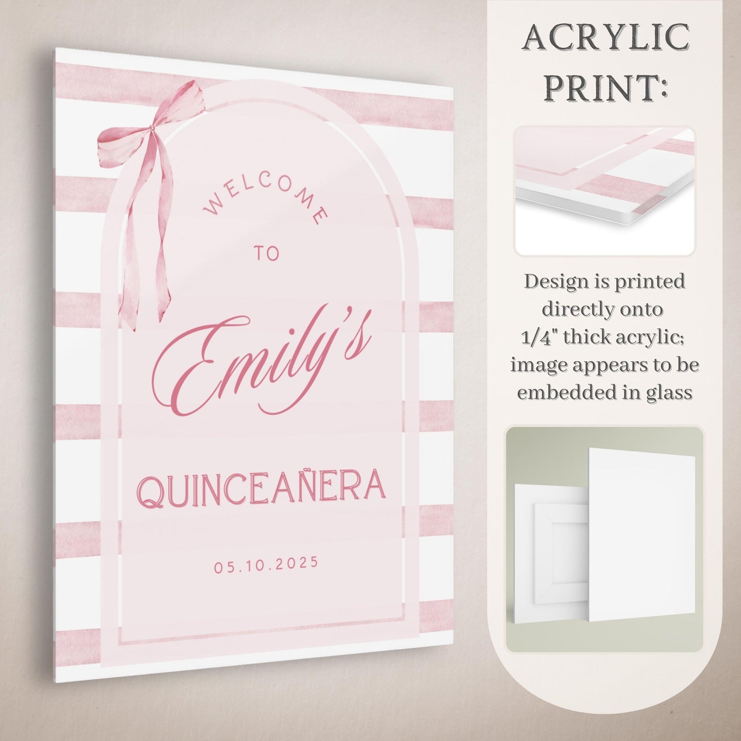 Pink Coquette Bow Striped Quinceañera Welcome Sign