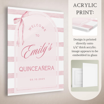 Pink Coquette Bow Striped Quinceañera Welcome Sign