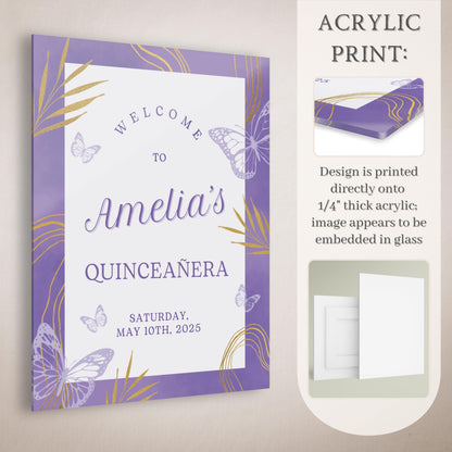 Purple & Gold Butterfly Quinceañera Welcome Sign
