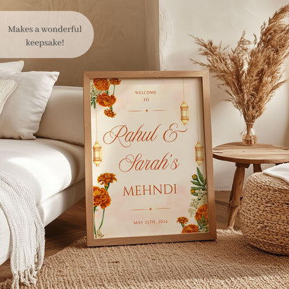 Beige Floral Lantern Indian Wedding Welcome Sign for Mehndi, Sangeet, Haldi etc.