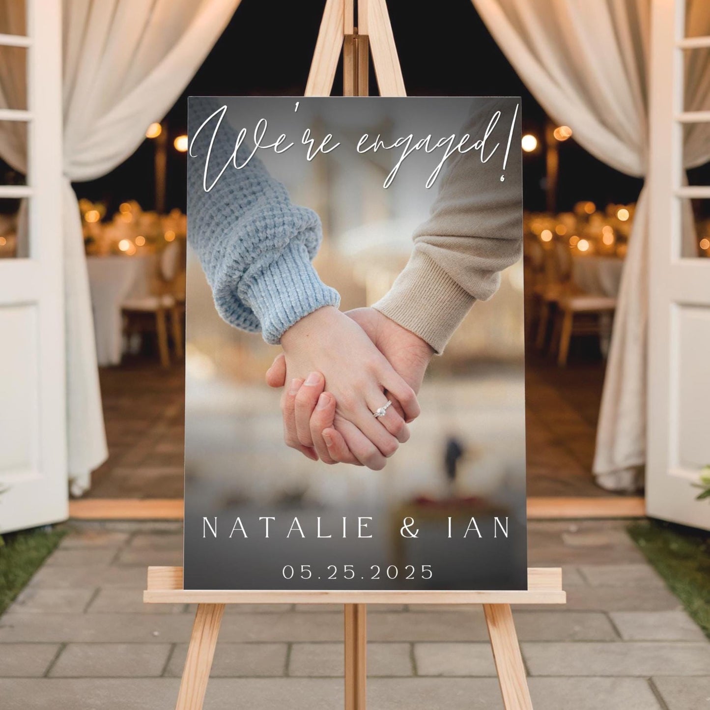 "We're Engaged!" Elegant Script Engagement Party Welcome Sign