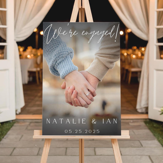 "We're Engaged!" Elegant Script Engagement Party Welcome Sign