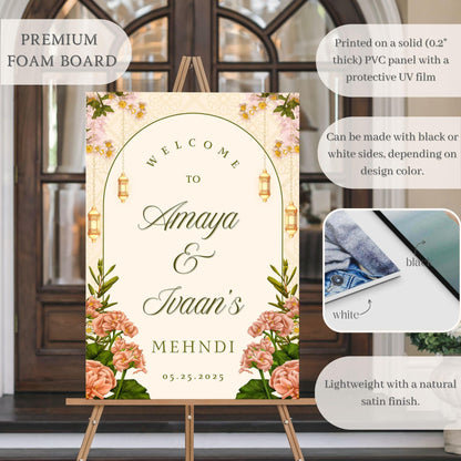 Beige Floral Indian Wedding Welcome Sign for Mehndi, Sangeet, Haldi etc.