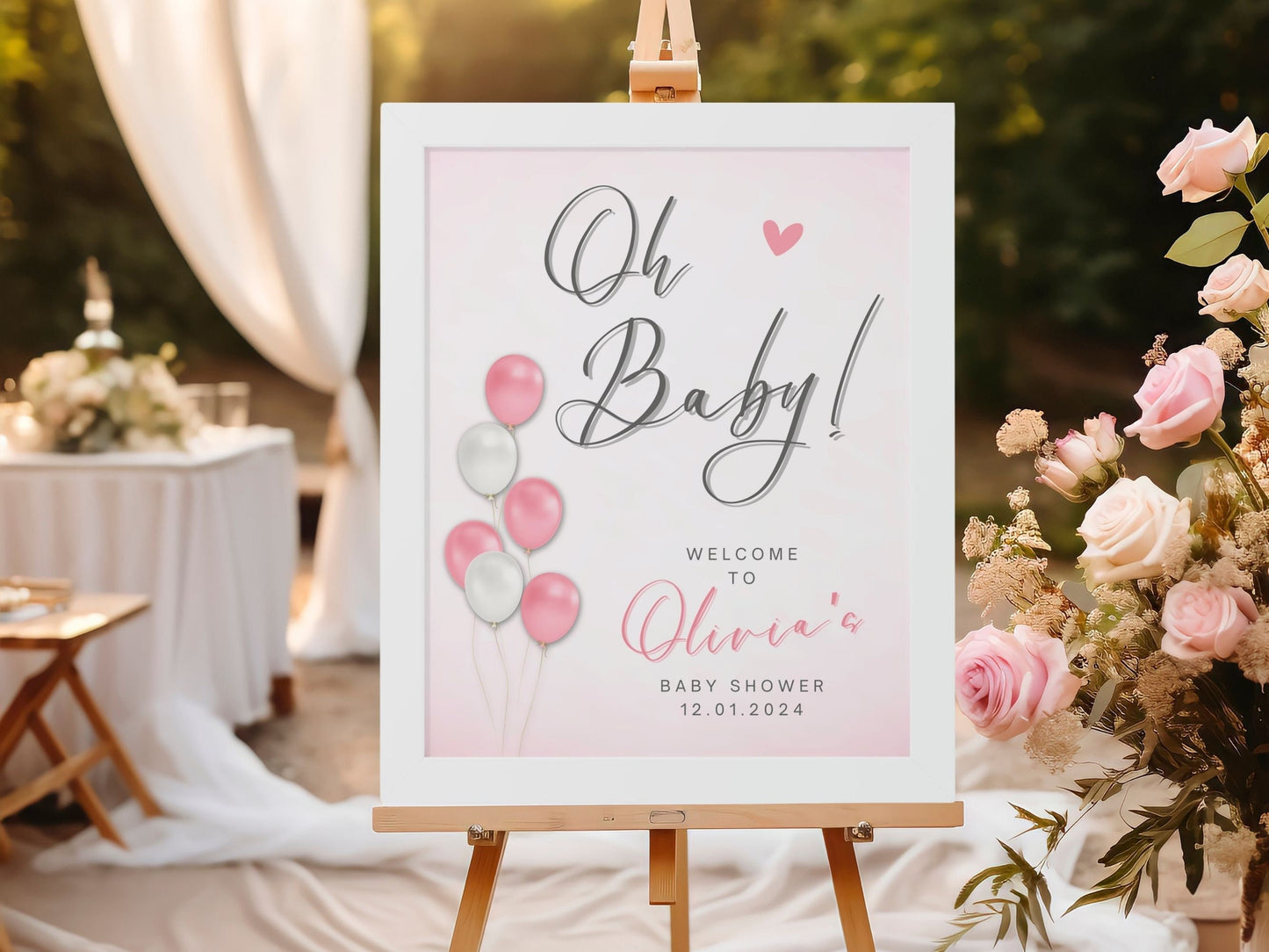 "Oh Baby!" Pink Balloons Baby Shower Welcome Sign - Magnolia Dane Co.