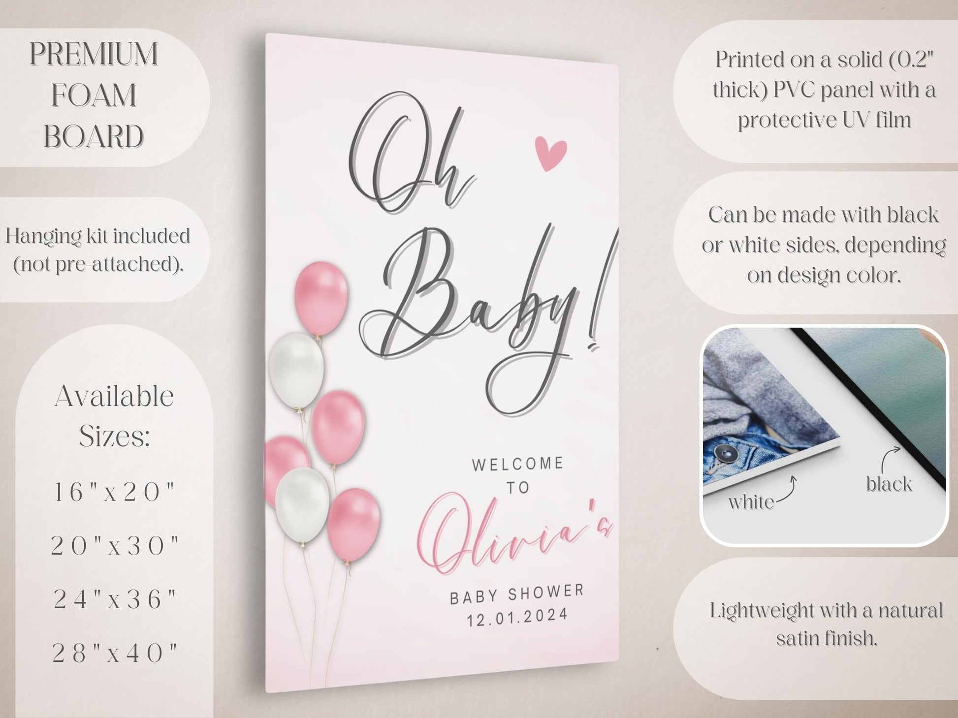 "Oh Baby!" Pink Balloons Baby Shower Welcome Sign - Magnolia Dane Co.