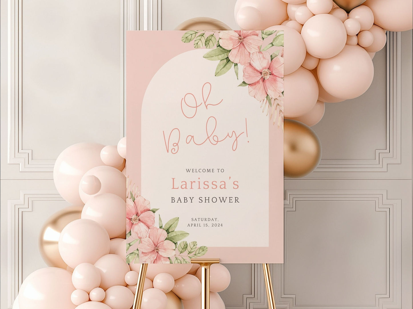 Pink Floral Arch Baby Shower Welcome Sign - Magnolia Dane Co.