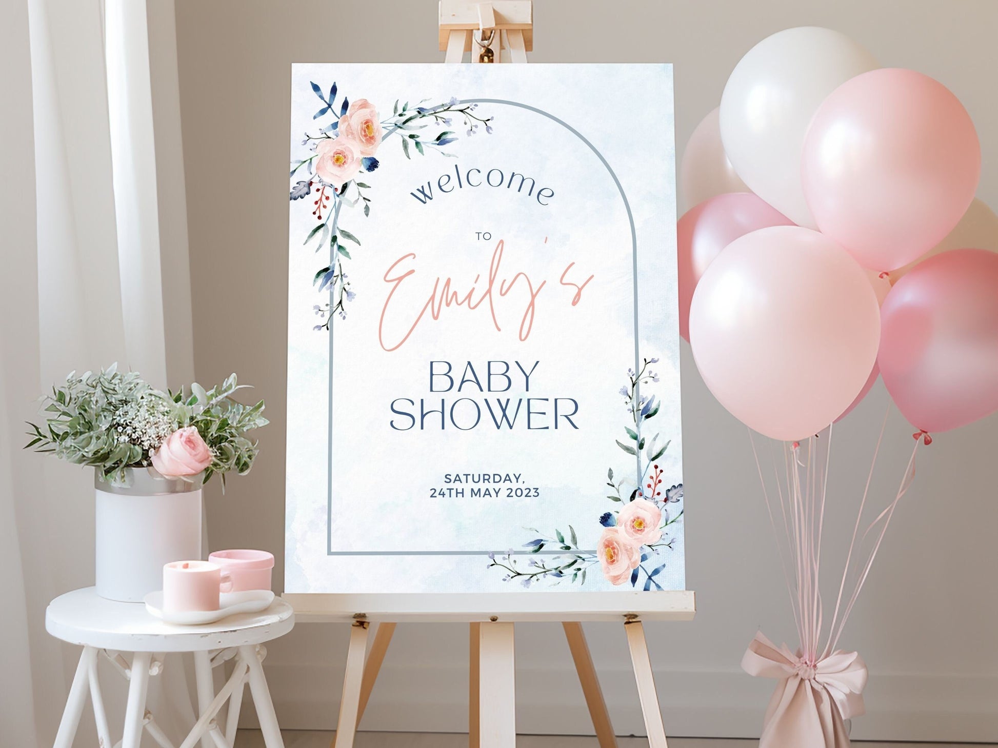 Blue & Pink Floral Baby Shower Welcome Sign - Magnolia Dane Co.