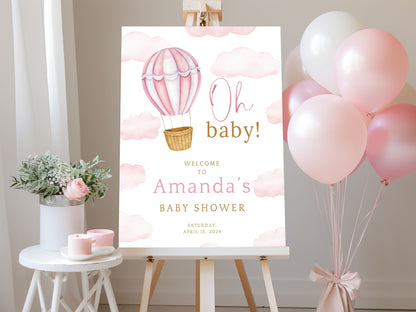 "Oh Baby!" Pink Hot Air Balloon Baby Shower Welcome Sign - Magnolia Dane Co.