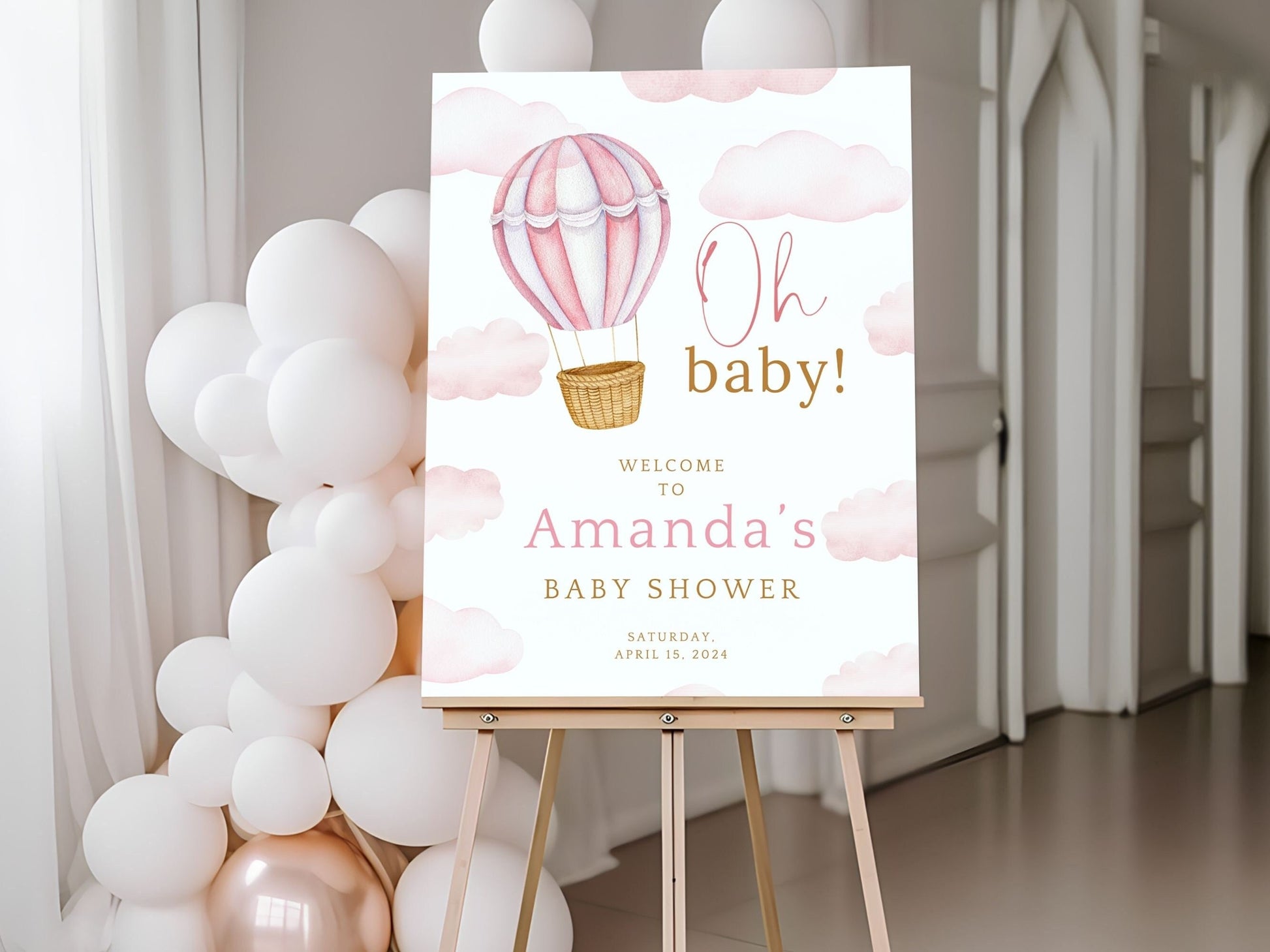 "Oh Baby!" Pink Hot Air Balloon Baby Shower Welcome Sign - Magnolia Dane Co.