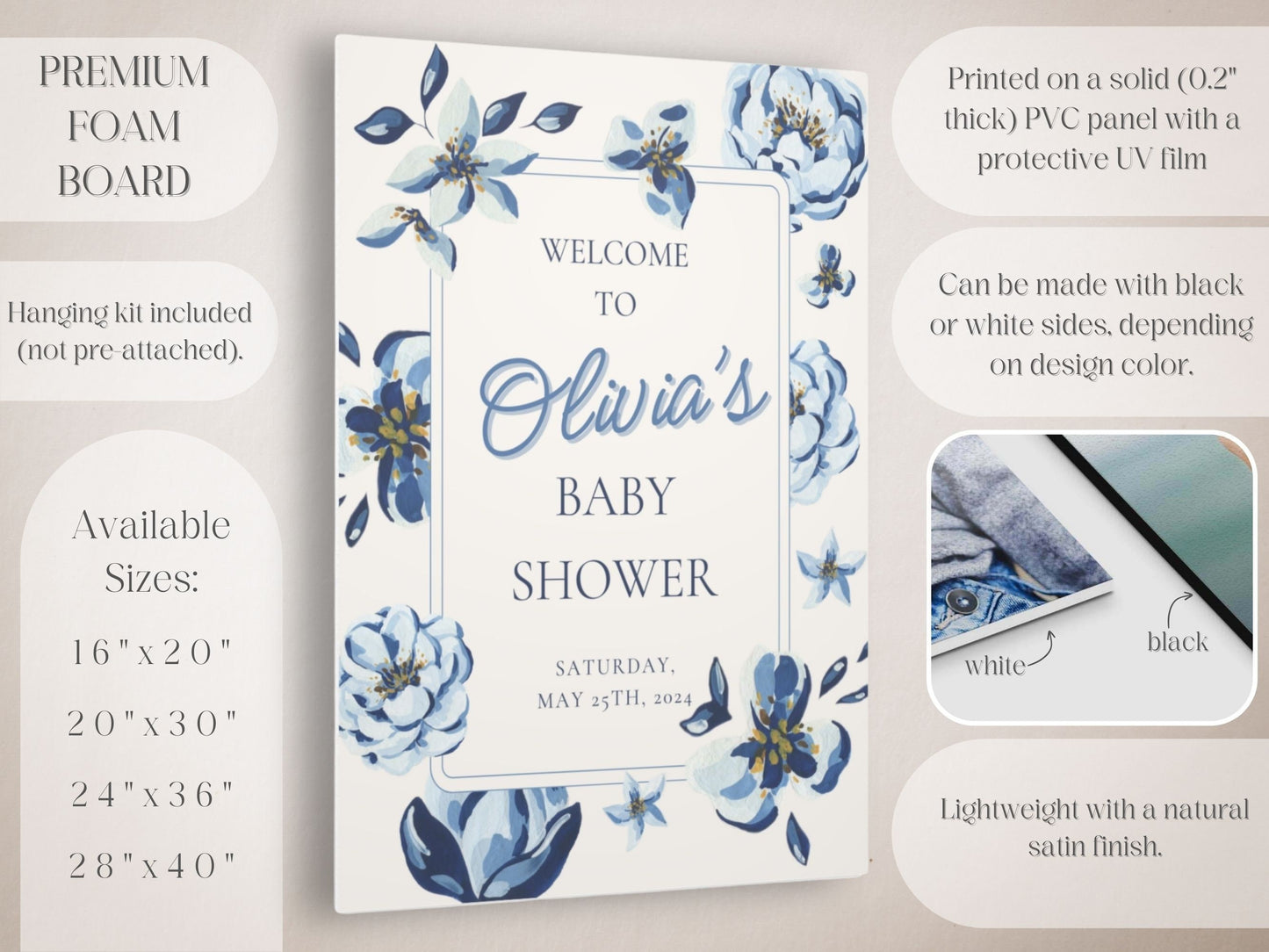 Navy Blue Florals Baby Shower Welcome Sign - Magnolia Dane Co.