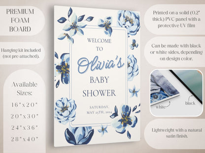 Navy Blue Florals Baby Shower Welcome Sign - Magnolia Dane Co.