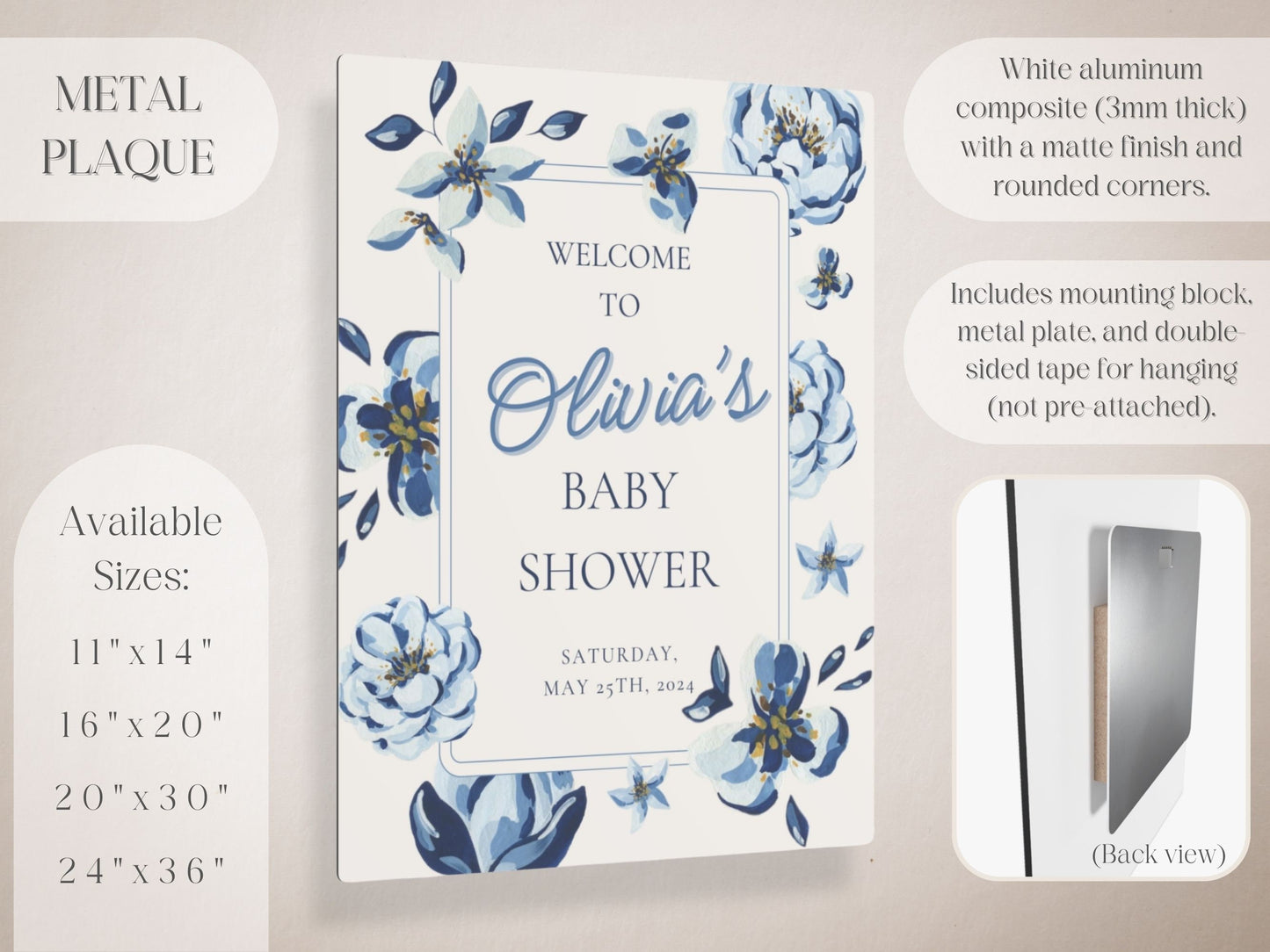 Navy Blue Florals Baby Shower Welcome Sign - Magnolia Dane Co.