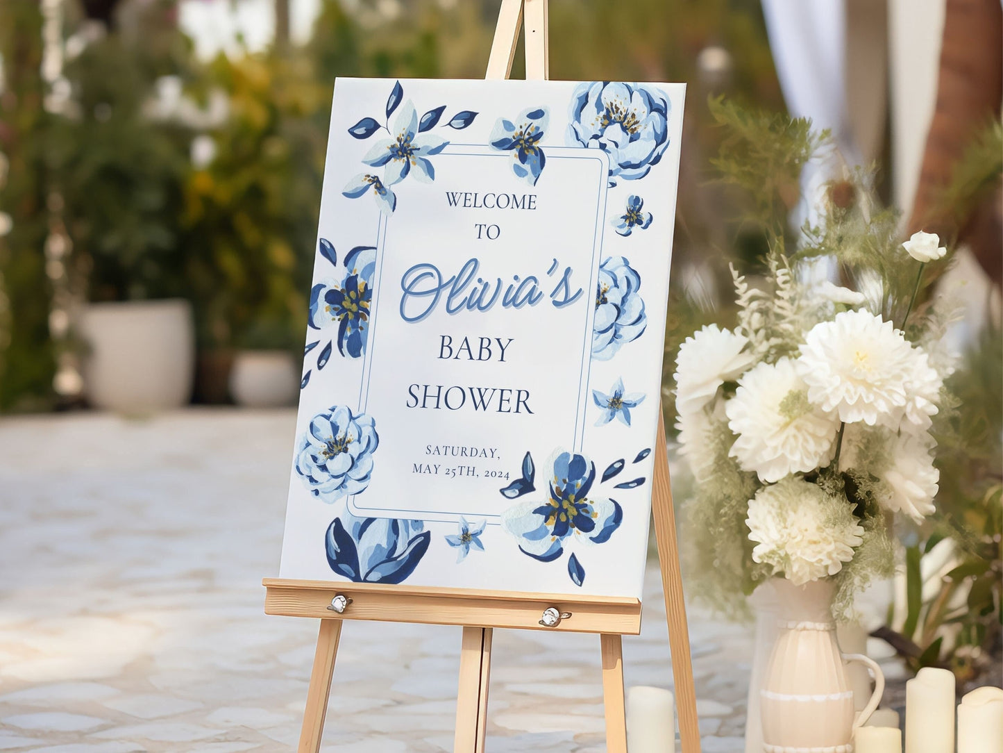 Navy Blue Florals Baby Shower Welcome Sign - Magnolia Dane Co.