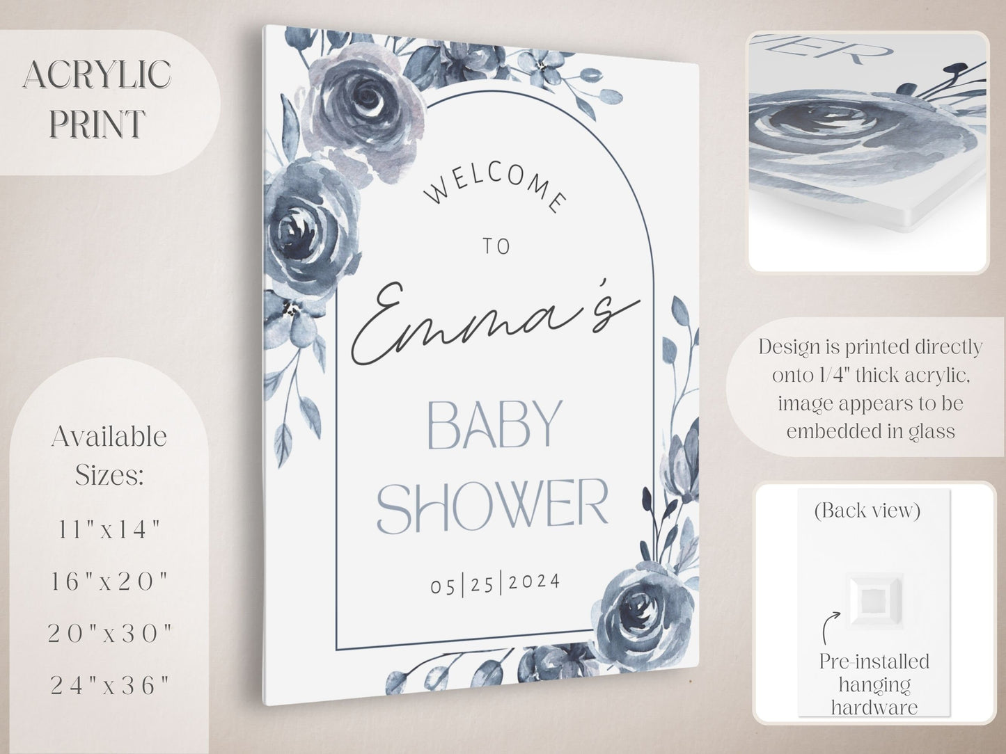 Blue Vintage Floral Baby Shower Welcome Sign - Magnolia Dane Co.