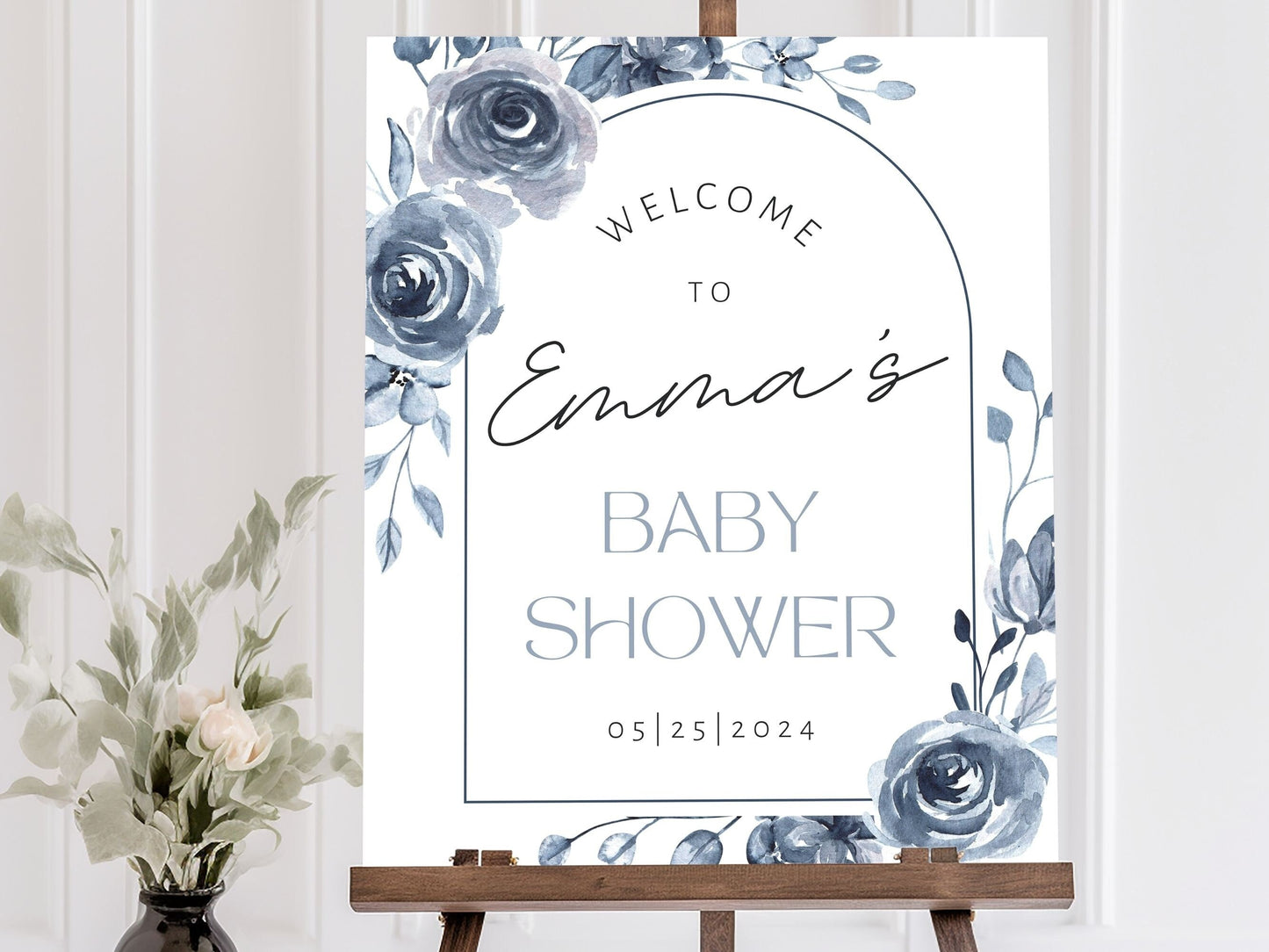 Blue Vintage Floral Baby Shower Welcome Sign - Magnolia Dane Co.