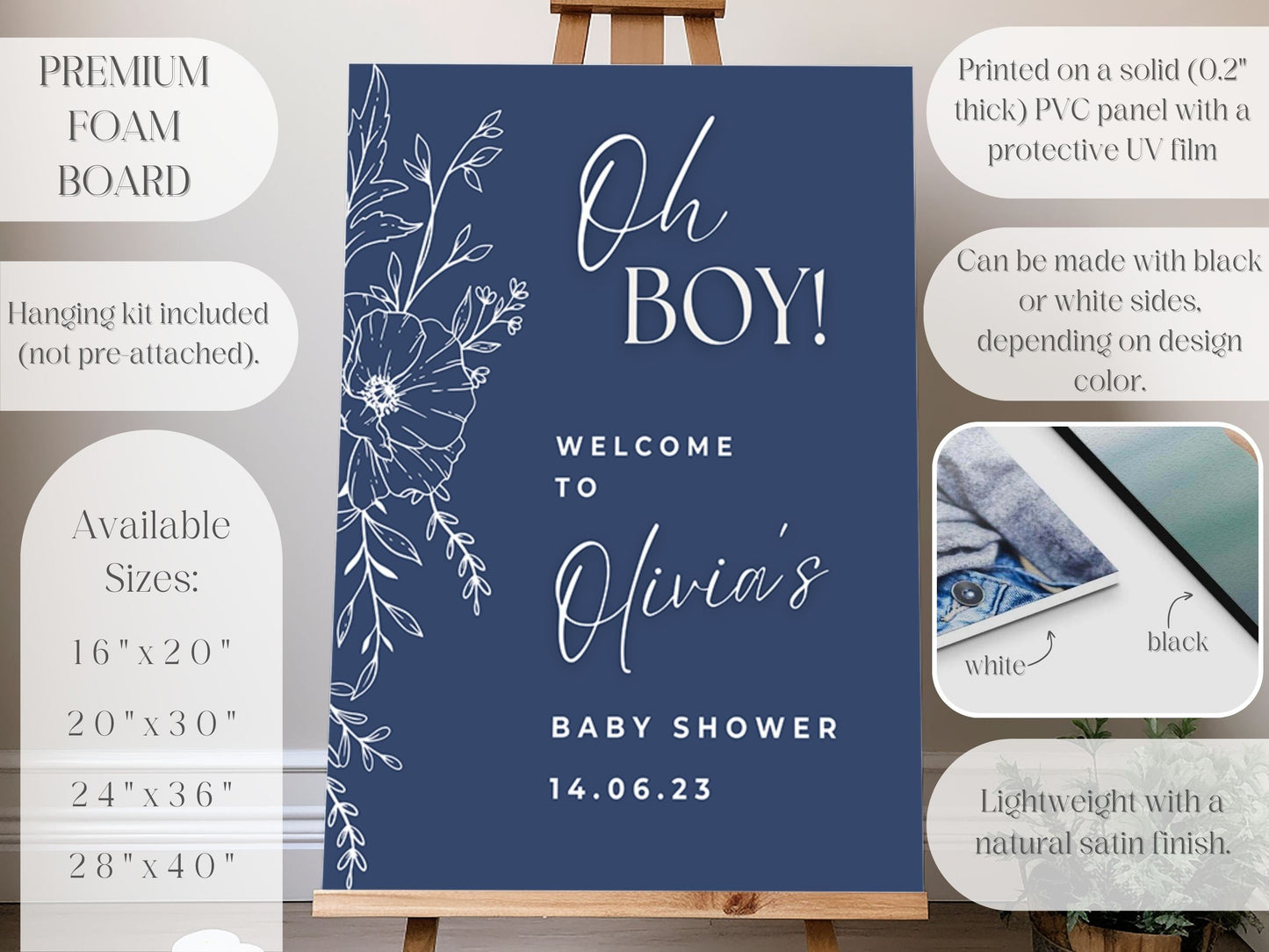 Navy Floral Baby Shower Welcome Sign - Magnolia Dane Co.