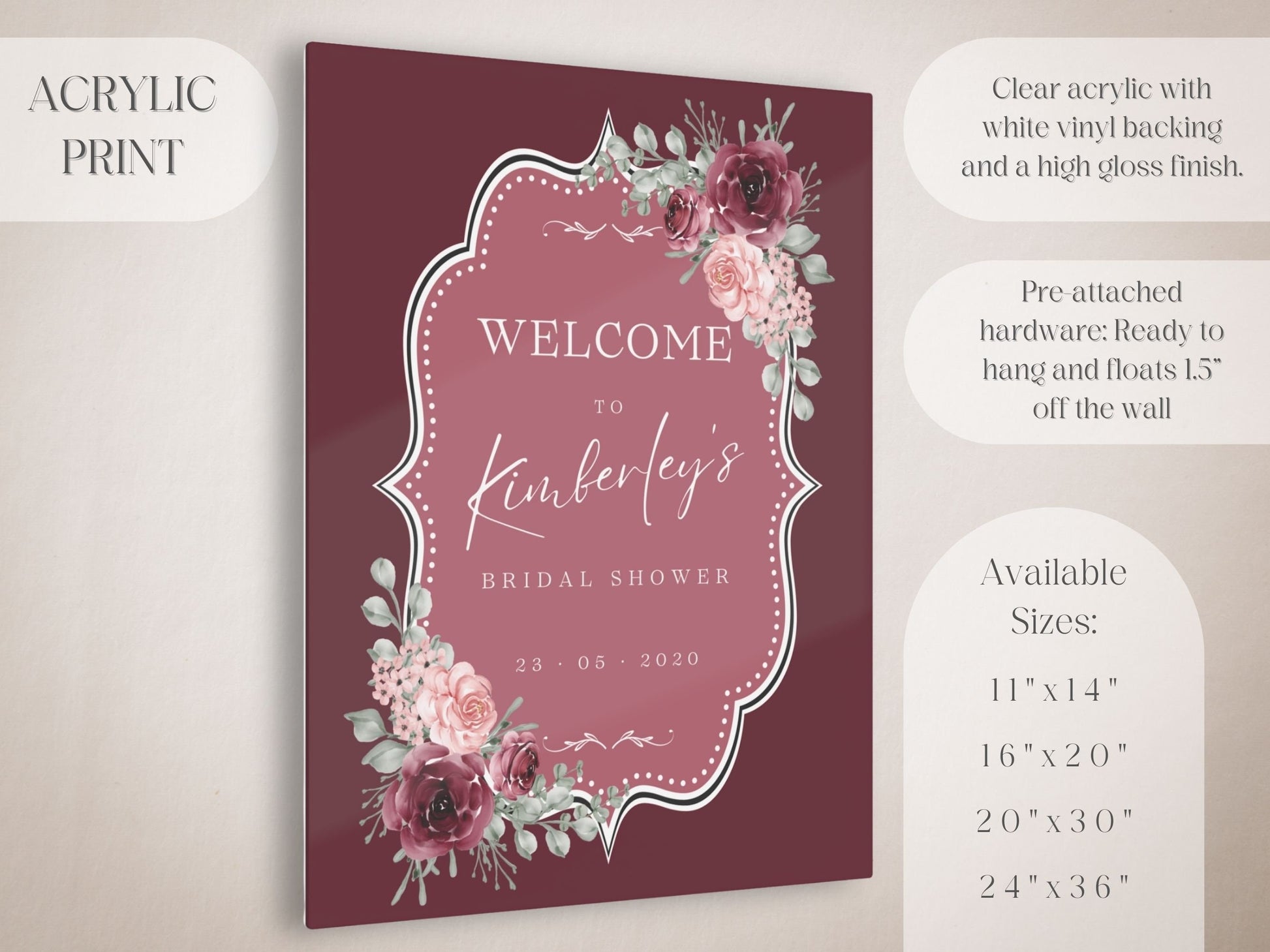 Maroon Floral Bridal Shower Welcome Sign - Magnolia Dane Co.