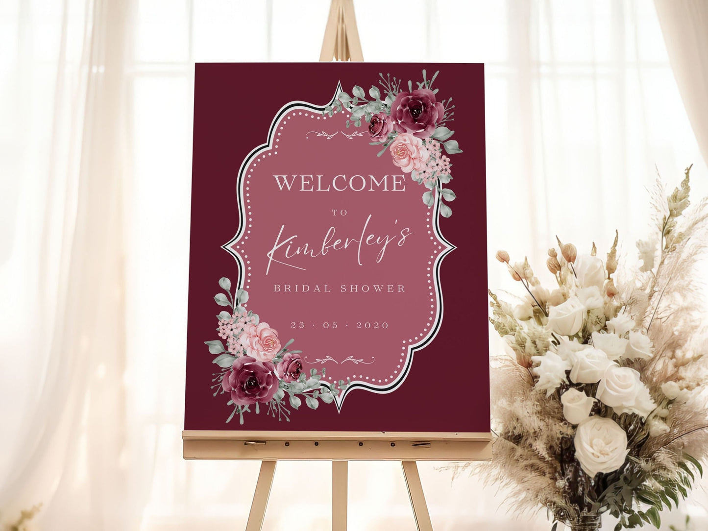 Maroon Floral Bridal Shower Welcome Sign - Magnolia Dane Co.