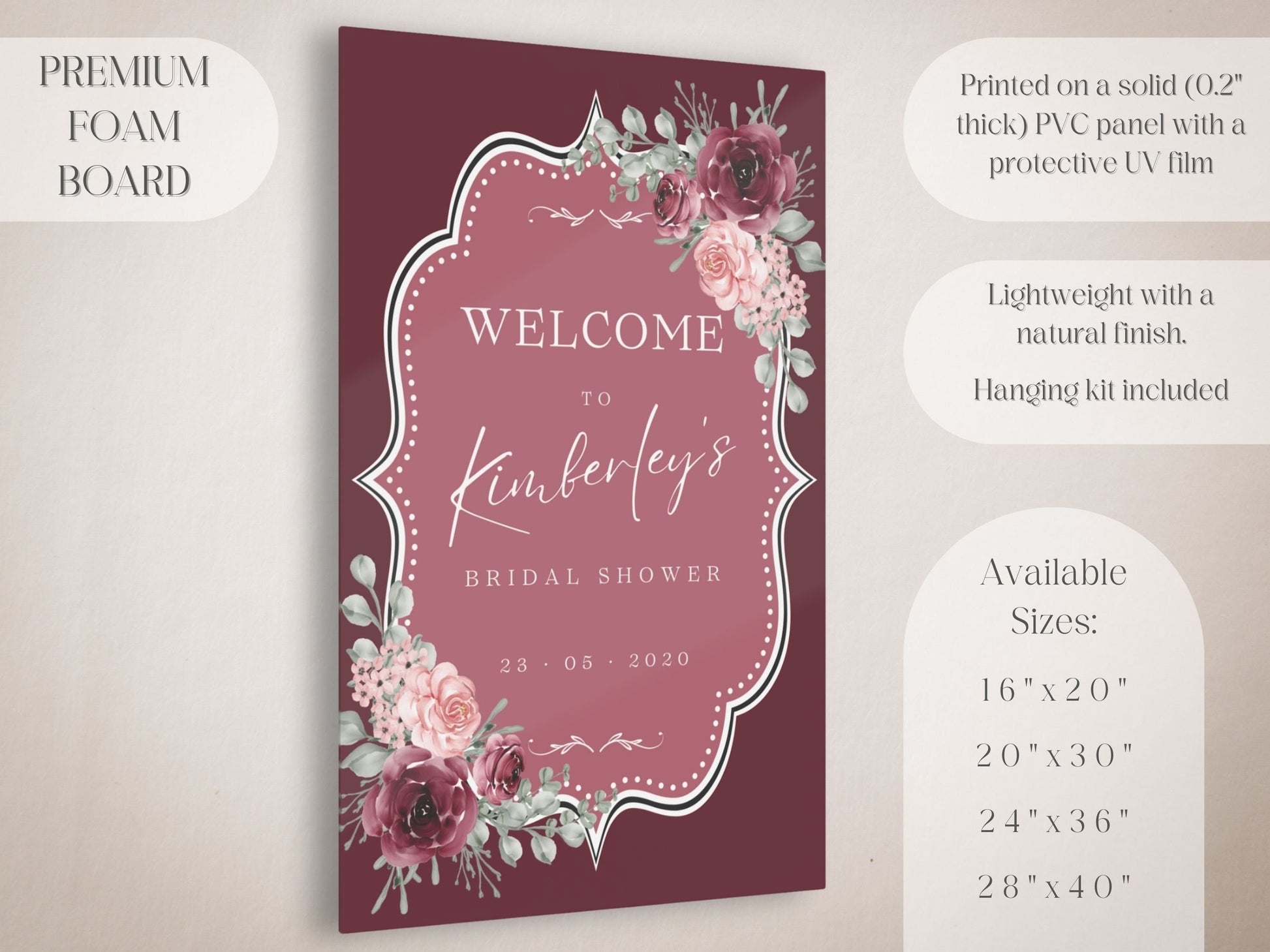 Maroon Floral Bridal Shower Welcome Sign - Magnolia Dane Co.