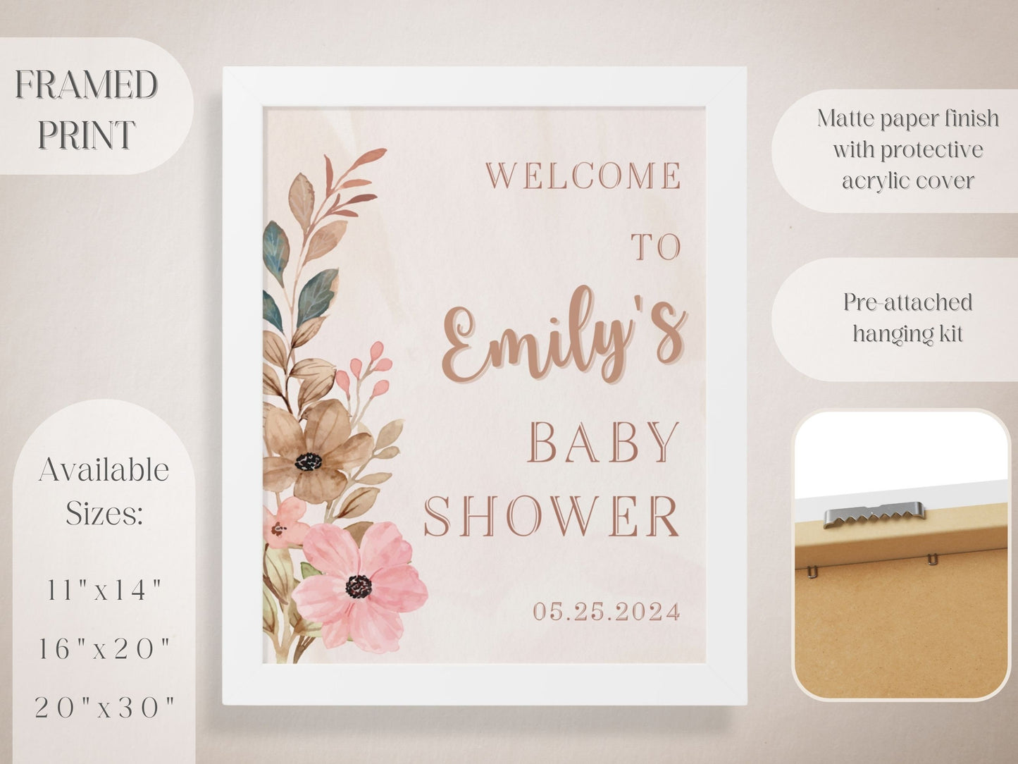 Boho Neutral Floral Baby Shower Welcome Sign - Magnolia Dane Co.