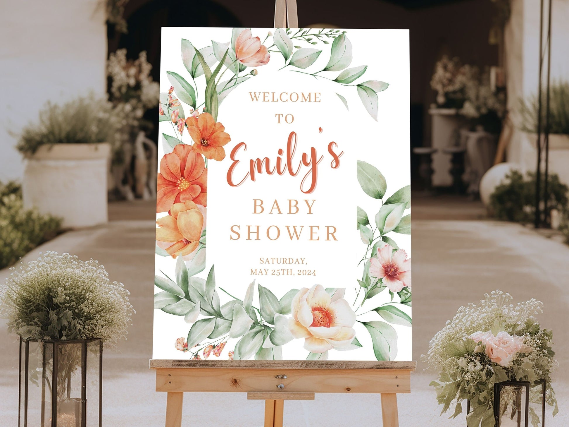 Orange Florals Baby Shower Welcome Sign - Magnolia Dane Co.