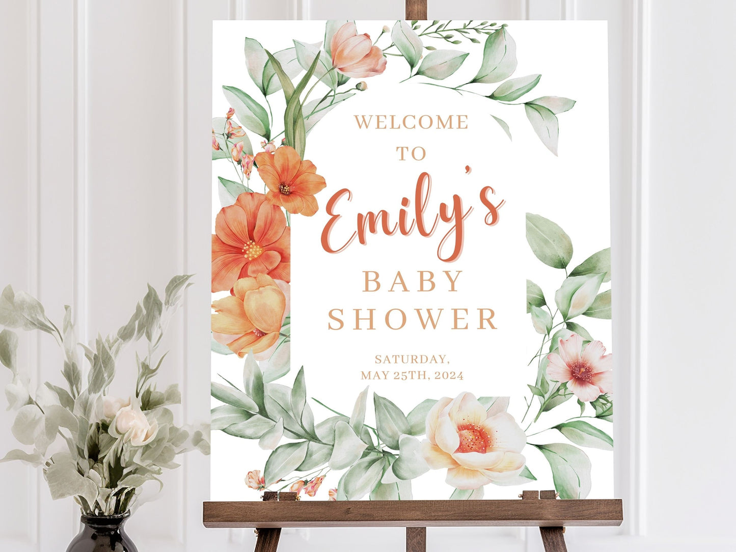 Orange Florals Baby Shower Welcome Sign - Magnolia Dane Co.