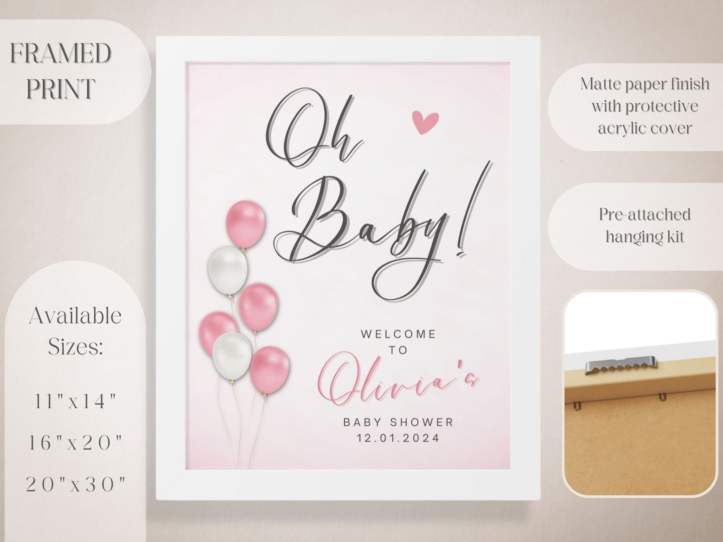 "Oh Baby!" Pink Balloons Baby Shower Welcome Sign - Magnolia Dane Co.