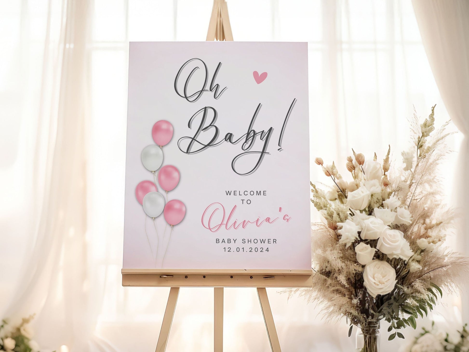 "Oh Baby!" Pink Balloons Baby Shower Welcome Sign - Magnolia Dane Co.