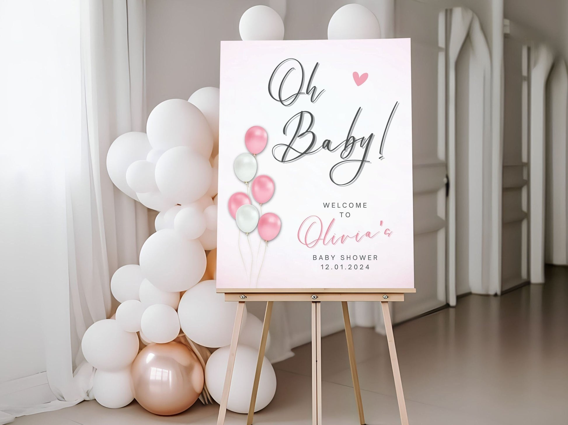 "Oh Baby!" Pink Balloons Baby Shower Welcome Sign - Magnolia Dane Co.