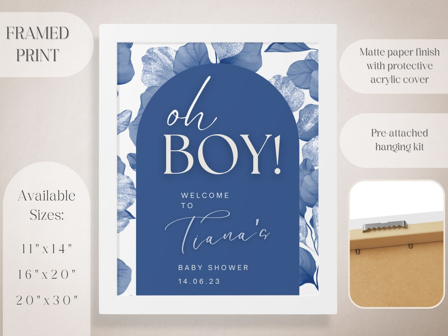 "Oh Boy!" Blue Floral Baby Shower Welcome Sign - Magnolia Dane Co.