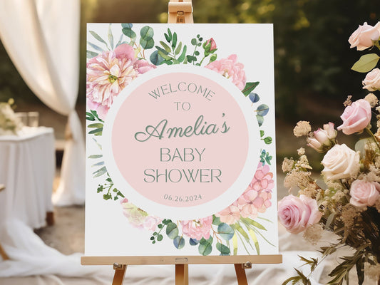 Round Pink Floral Baby Shower Welcome Sign - Magnolia Dane Co.