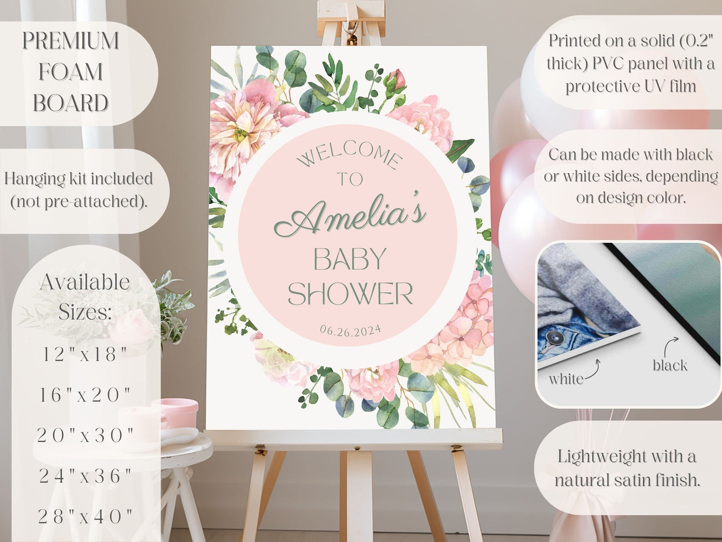 Round Pink Floral Baby Shower Welcome Sign - Magnolia Dane Co.