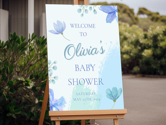 Simple Blue Floral Baby Shower Welcome Sign - Magnolia Dane Co.