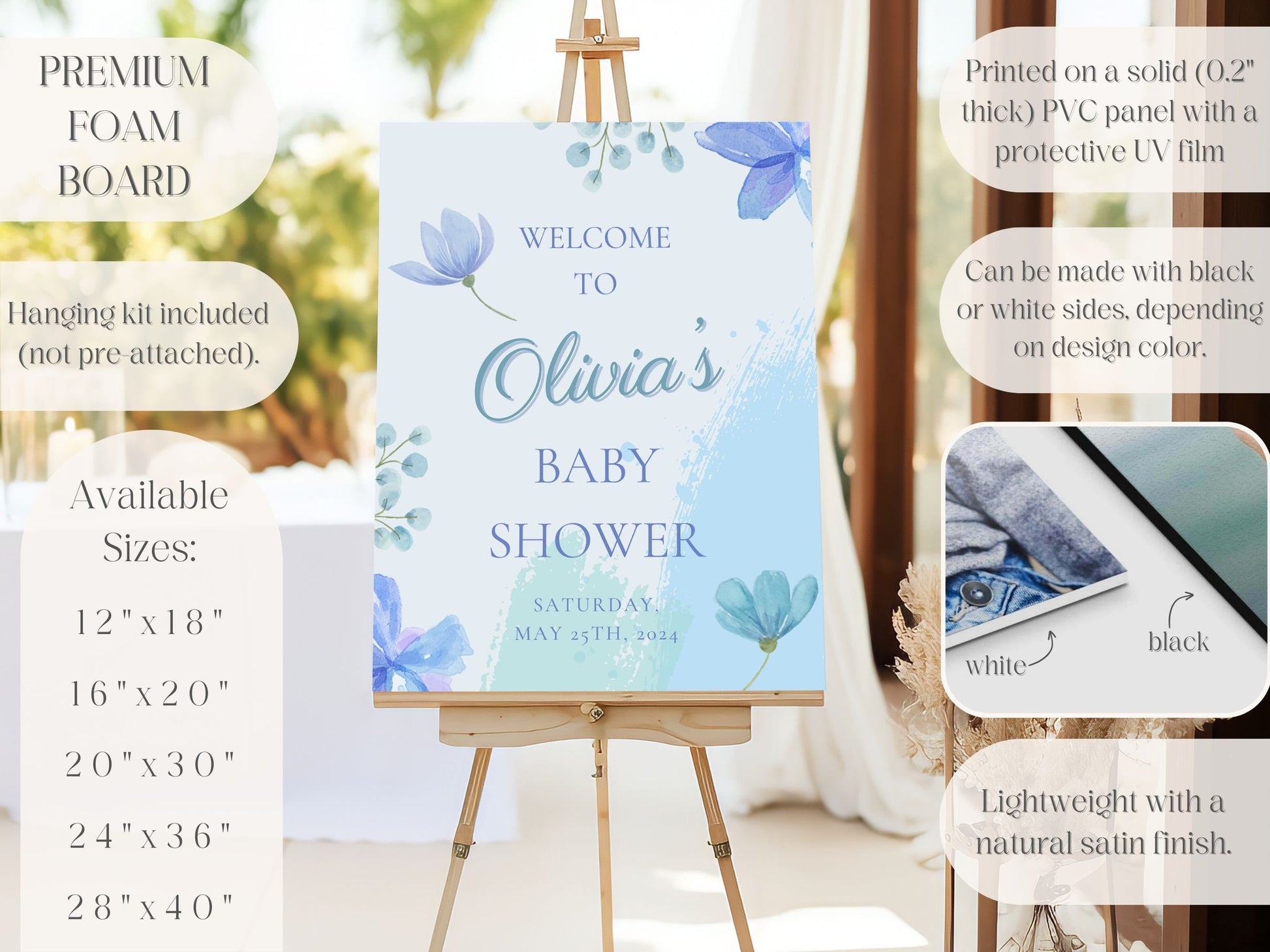 Simple Blue Floral Baby Shower Welcome Sign - Magnolia Dane Co.