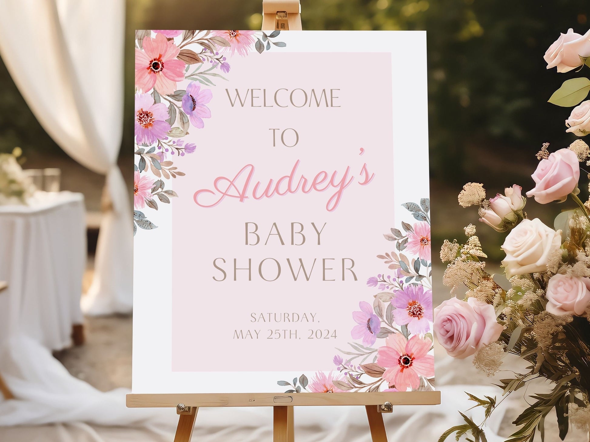 Pink Floral Baby Shower Welcome Sign - Magnolia Dane Co.